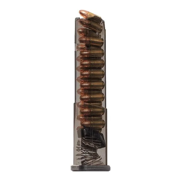 primary-47089 Elite Tactical Systems Carbon Smoke handgun magazine, front view with translucent body and cartridges