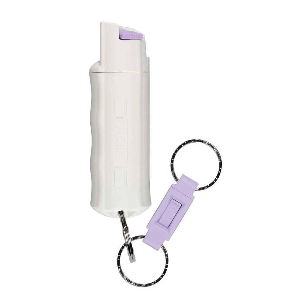 primary-47100 Security Equipment Corporation Sabre pepper spray, white canister with purple quick-release key ring