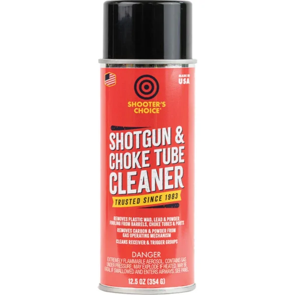 Shooter's Choice Shotgun and Choke Cleaner, front view of red aerosol can with black cap
