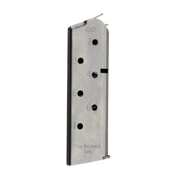 Chip McCormick Shooting Star M1911 Handgun Magazine, stainless front view with witness holes