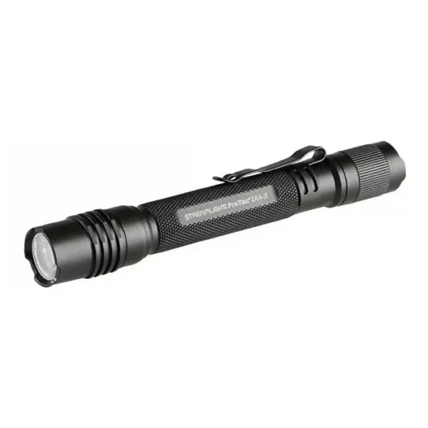 Streamlight Protac 2AA-X USB Flashlight, black angled side view with clip and textured grip