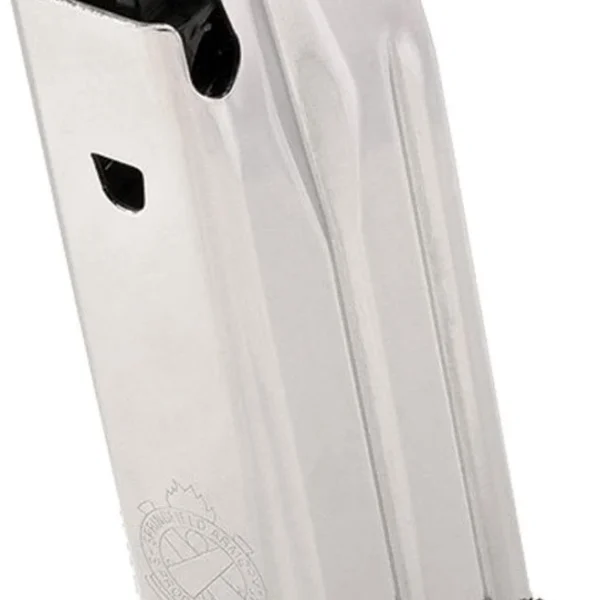 Springfield MAGAZINE SPRGFLD, angled view of silver magazine with black follower and base
