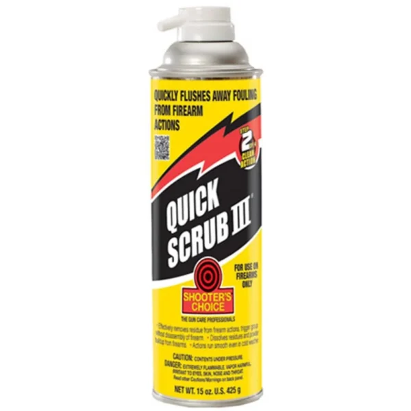 Shooters Choice Quick Scrub III, upright yellow aerosol can with white spray nozzle