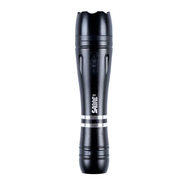 Security Equipment Corporation SABRE stun gun, black front view with integrated LED flashlight