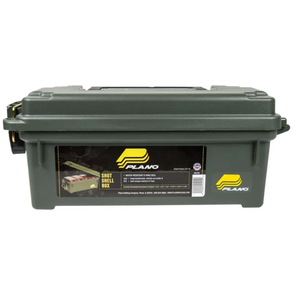 Plano Shot Shell Box, OD green front view with hinged lid, latch and product label