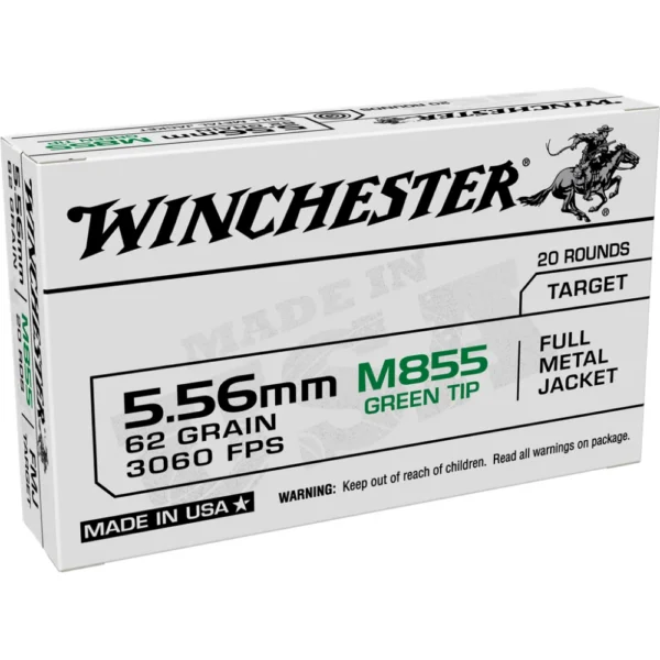 Winchester Ammunition Winchester USA Lake City M855 Green Tip Rifle Ammunition 5.56X45 NATO 62 gr. FMJ 3060 fps 20/ct