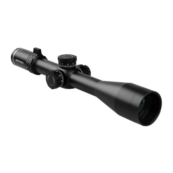 Riton 5 Conquer rifle scope, black angled side view with large objective bell and adjustment turrets