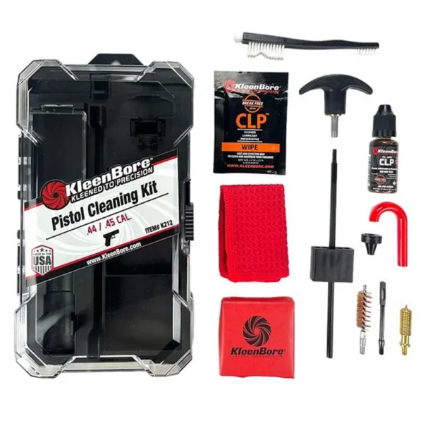 Kleenbore Handgun Cleaning Kit, open black case with rods, brushes, patches and bottles
