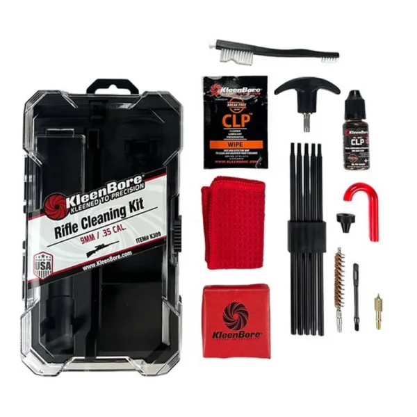 KleenBore 9mm Pistol Caliber Carbine Cleaning Kit, open layout with case, rods and brushes
