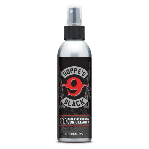 Hoppe's Black Gun Bore Cleaner in silver aluminum bottle with black spray pump, front view
