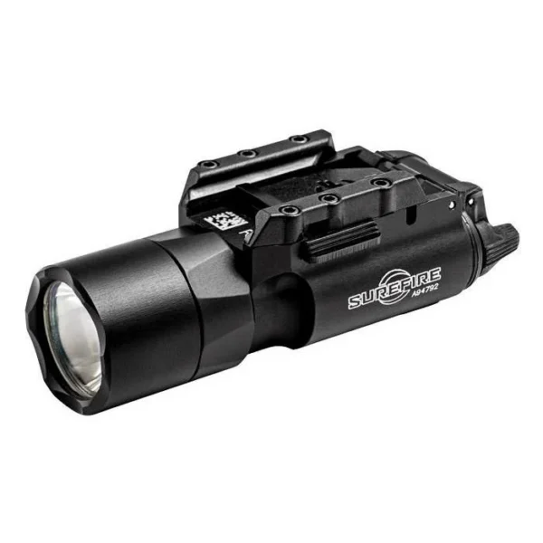 SureFire X300U-A black weapon light, three-quarter view with round lens and rail mount