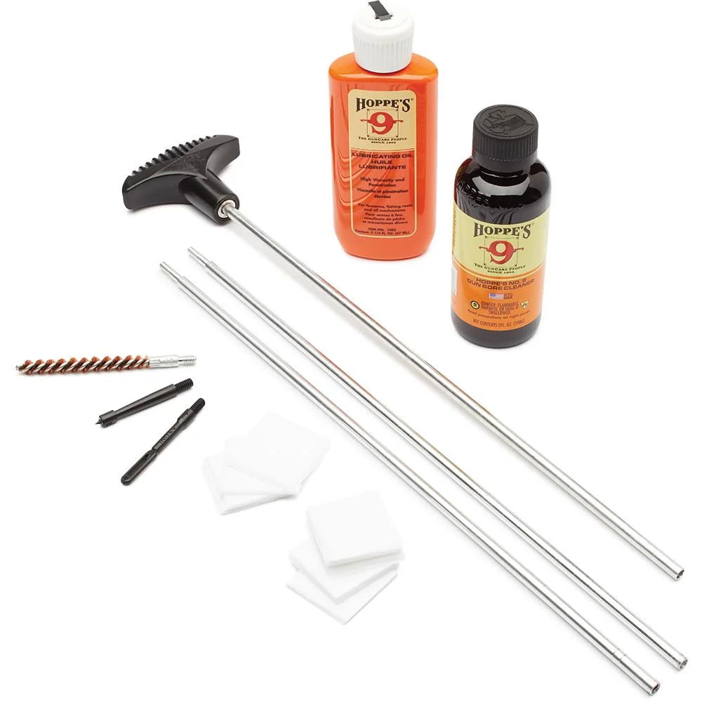 primary-47219 Hoppe's Cleaning Kit with orange solvent bottles, rods, brush, patches and accessories