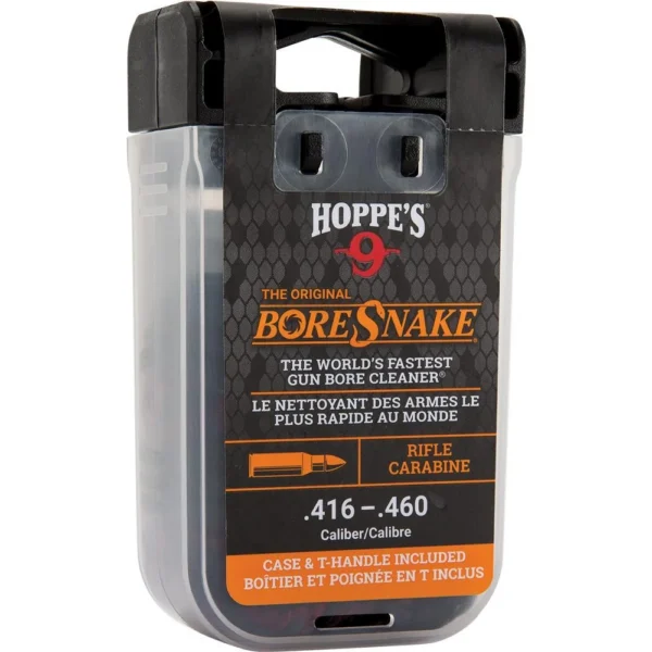 Hoppe's Boresnake Den, black and clear handled storage case with orange and black front label