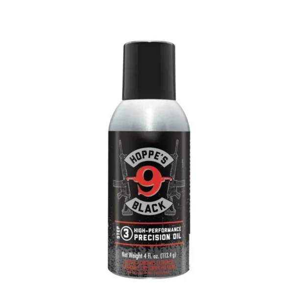 Hoppe's HOPPES BLACK LUBE AEROSOL 4OZ silver aerosol can, front view with black cap