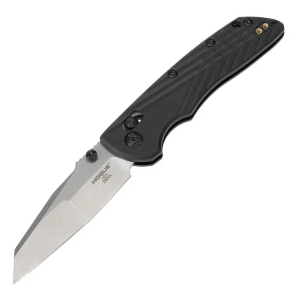 Hogue Deka Manual Folder Knife in black and silver, open angled view with Wharncliffe blade