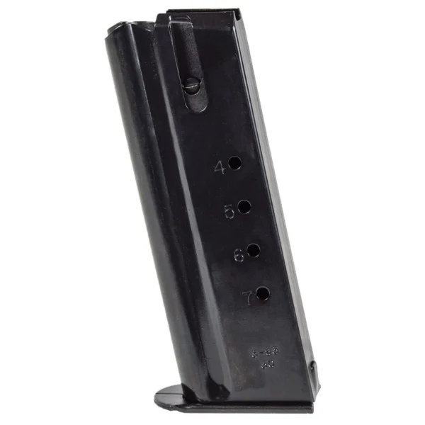 Magnum Research MAG DESERT EAGLE 50 7RD BLK black magazine, angled side view with witness holes