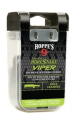Boresnake Viper Rifle 350CAL cleaning cord in clear Hoppe's storage case, front view