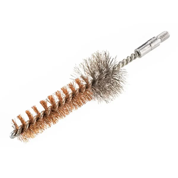 Hoppe's HOPPES Chamber Brush AR 5.56/223 SGL, angled view of bronze and silver bristles