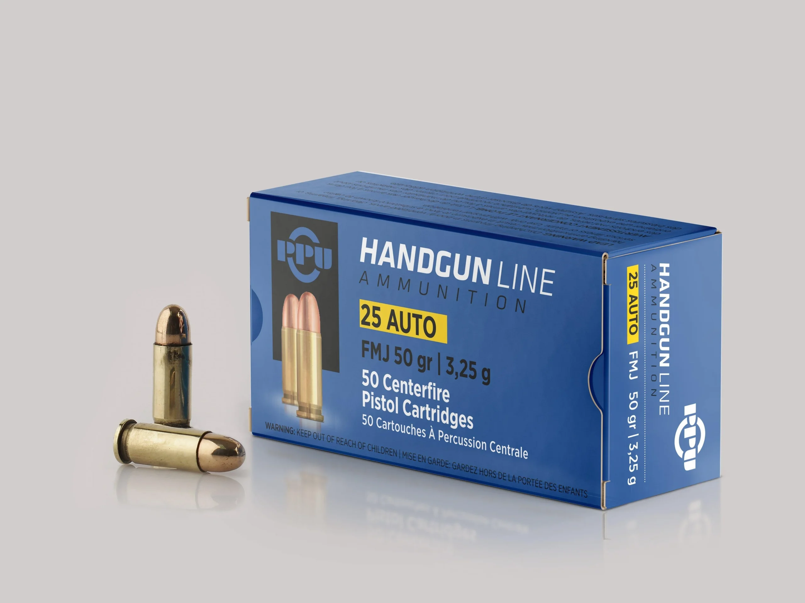 primary-47270 Prvi Partizan PPU 25ACP FMJ ammunition, blue box with two brass cartridges beside it