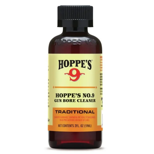 Hoppe's HOPPES #9, front view of amber bottle with black cap and yellow label