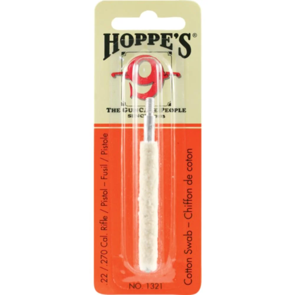 primary-47283 Hoppe's HOPPES SWAB 22/270 CAL RFL white cleaning swab in orange retail packaging, front view