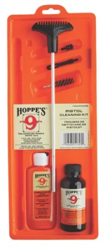 Hoppe's HOPPES 22CAL PSTL CLNG KIT CLAM, front view in orange tray with rod, brushes and bottles