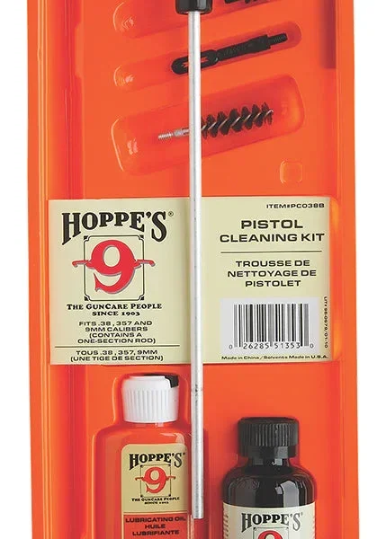 Hoppe's HOPPES 22CAL PSTL CLNG KIT CLAM, front view in orange tray with rod, brushes and bottles