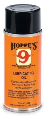 Hoppe's HOPPES #9 LUBE OIL AEROSOL 4OZ orange aerosol can with black cap, front view