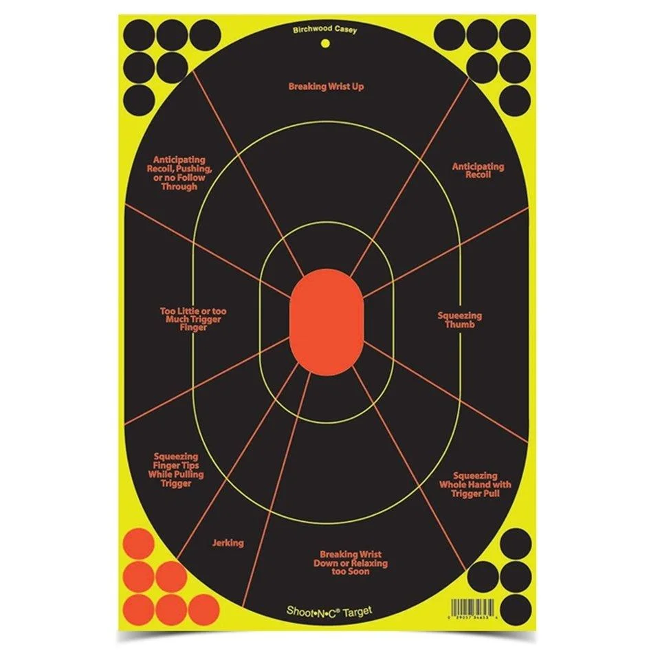primary-47298 Birchwood Casey Shoot-N-C Handgun Trainer target, front view with black silhouette and red center