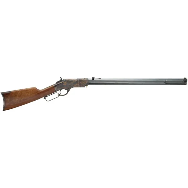 Henry Original Iron Frame Lever Action Rifle, side view with walnut stock and blued barrel