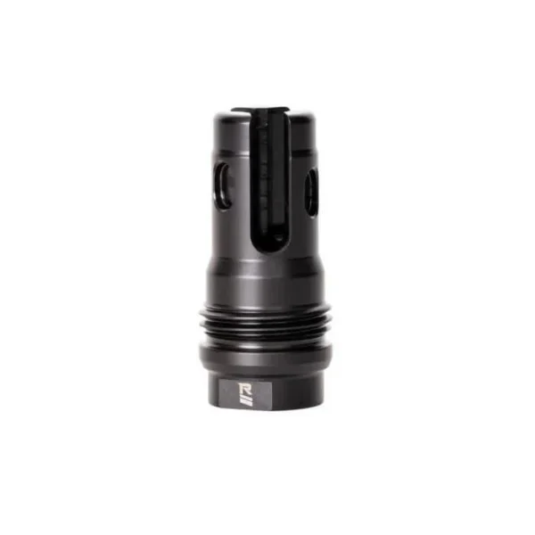 RUGGED R3 black flash hider, upright view with slotted ports and threaded base