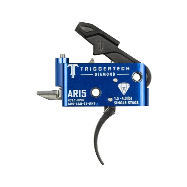 TriggerTech AR15 Single-Stage Diamond Pro curved trigger, right-side view in blue housing