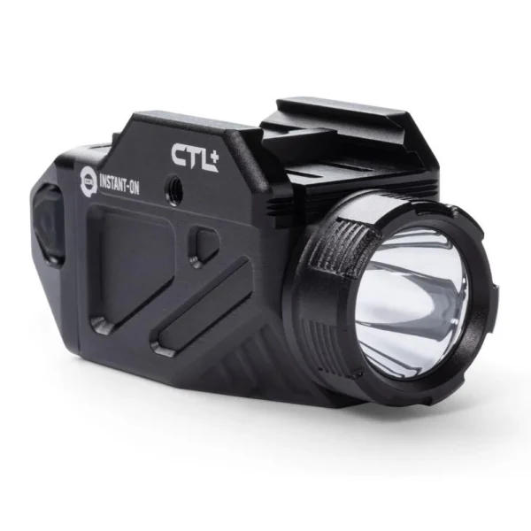 Viridian CTL+ Handgun Weapon Light, angled front view in black with round lens and rail mount