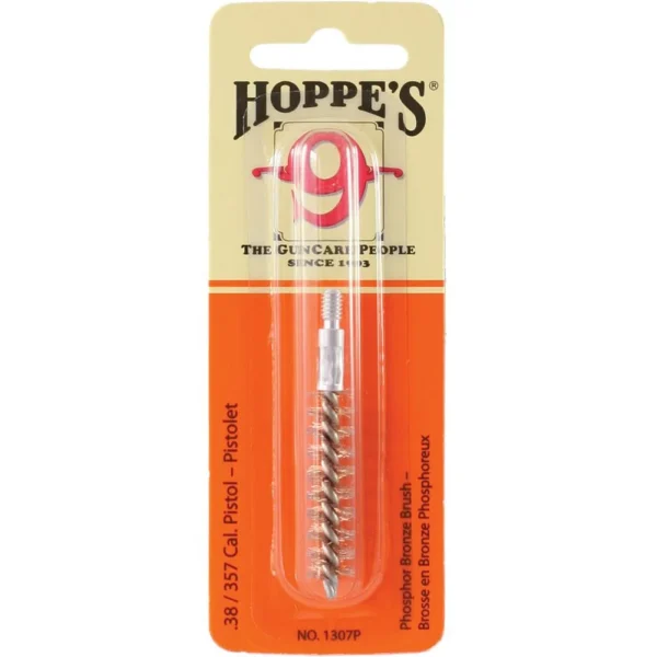 Hoppe's Phosphor Bronze Brush, bronze bore brush in orange retail packaging, front view