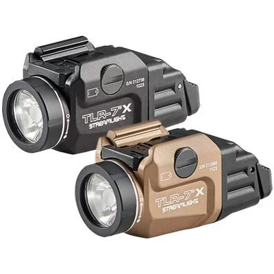 primary-47321 Streamlight TLR-7 X USB weapon lights, black and FDE, angled front views with round lenses