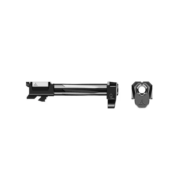 RADIAN AFTERBURNER RAMJET FOR G19 G4, black barrel and compensator shown from side and front