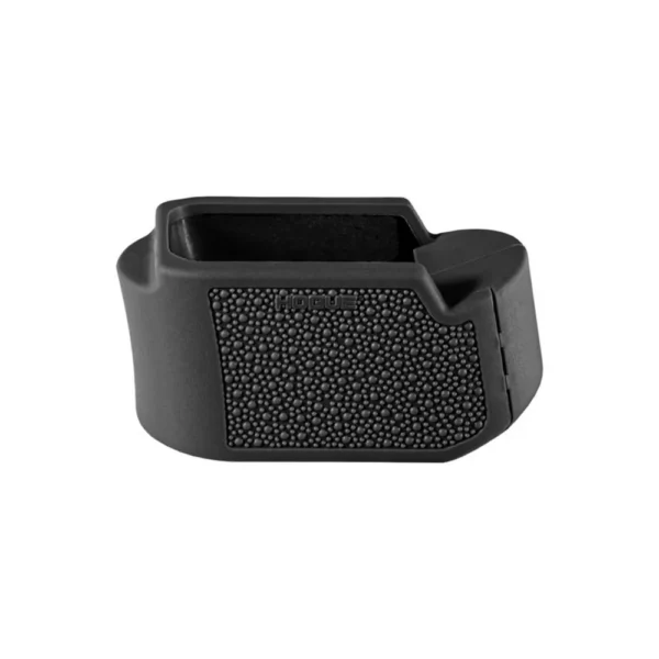 Hogue Overmolded Rubber Grip Extension Base Pad for Glock 26, black angled view with textured grip