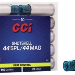 CCI Pest Control Handgun Shotshells, clear plastic case and loose white shells with blue shot caps
