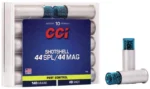 CCI Pest Control Handgun Shotshells, clear plastic case and loose white shells with blue shot caps