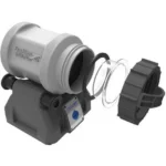 AOB Frankford Arsenal Rotary Tumbler Lite, grey drum on black base with detached lid, angled view