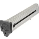 Ruger Mark III & Mark IV handgun magazine, angled view with nickel body and black base plate