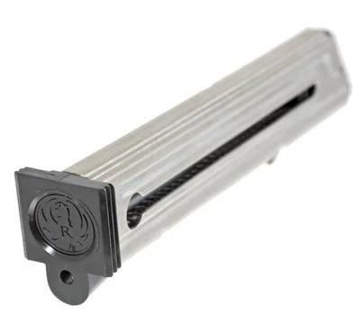 Ruger Mark III & Mark IV handgun magazine, angled view with nickel body and black base plate