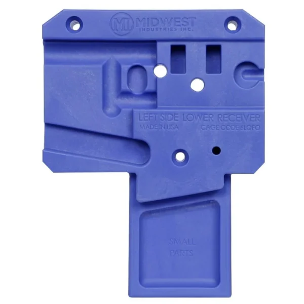 Midwest Industries AR Lower Receiver Block, blue front view with holes and molded handle