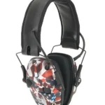Howard Leight Impact Sport Electronic Earmuff - Flag edition, black earmuffs with flag graphics