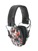Howard Leight Impact Sport Electronic Earmuff - Flag edition, black earmuffs with flag graphics