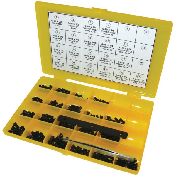 Pachmayr Master Gunsmth 6-Lobe Head Screw Kit, open yellow organizer with black screws