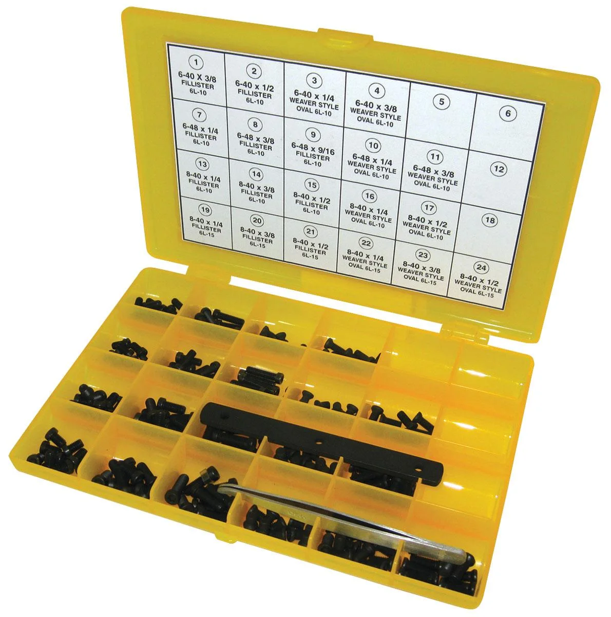 primary-47415 Pachmayr Master Gunsmth 6-Lobe Head Screw Kit, open yellow organizer with black screws