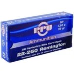 Prvi Partizan PPU 22-250REM SP 55GR, blue ammunition box in angled front view