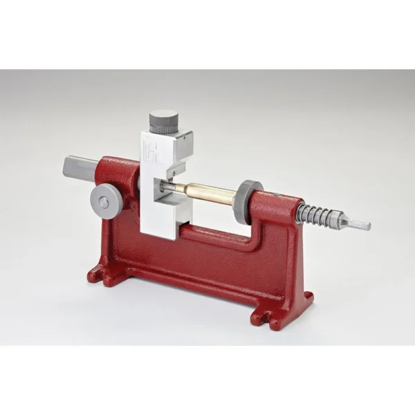 Hornady HRNDY LNL Neck Turn Tool, red and silver bench-mounted tool, side view