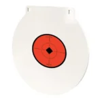 Birchwood Casey Steel Target Round Plate, white round plate with orange center target, front view